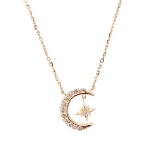 14K Gold Diamond Moon Necklace with Star Dangle