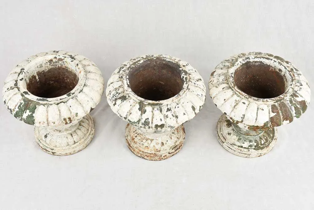 3 antique Medici urns - cast iron w/ white & green patina 12¼"