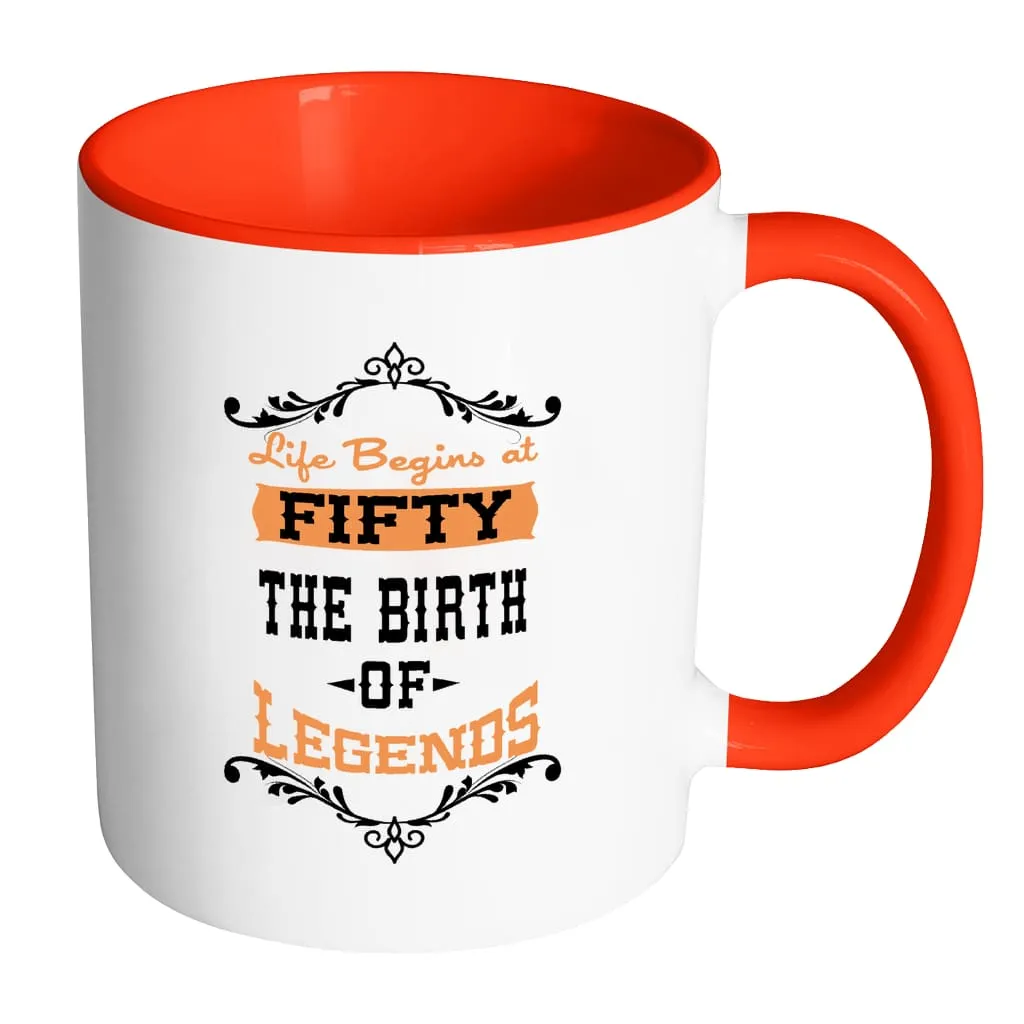 50th Birthday Mug Life Begins At Fifty White 11oz Accent Coffee Mugs