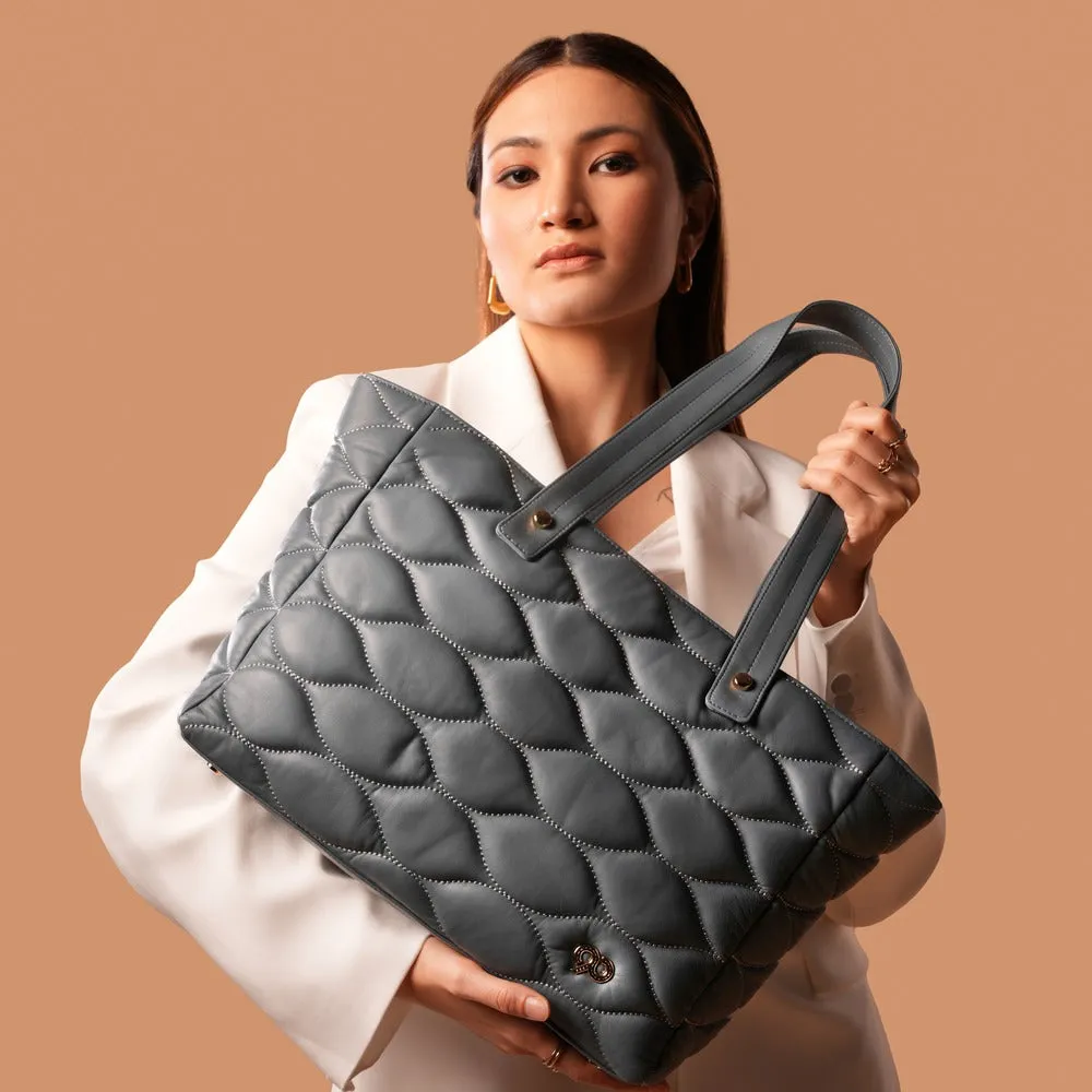 90 Feet Malini Quilted Grey Leather Tote Bag