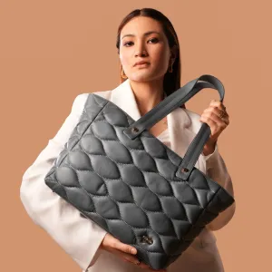 90 Feet Malini Quilted Grey Leather Tote Bag