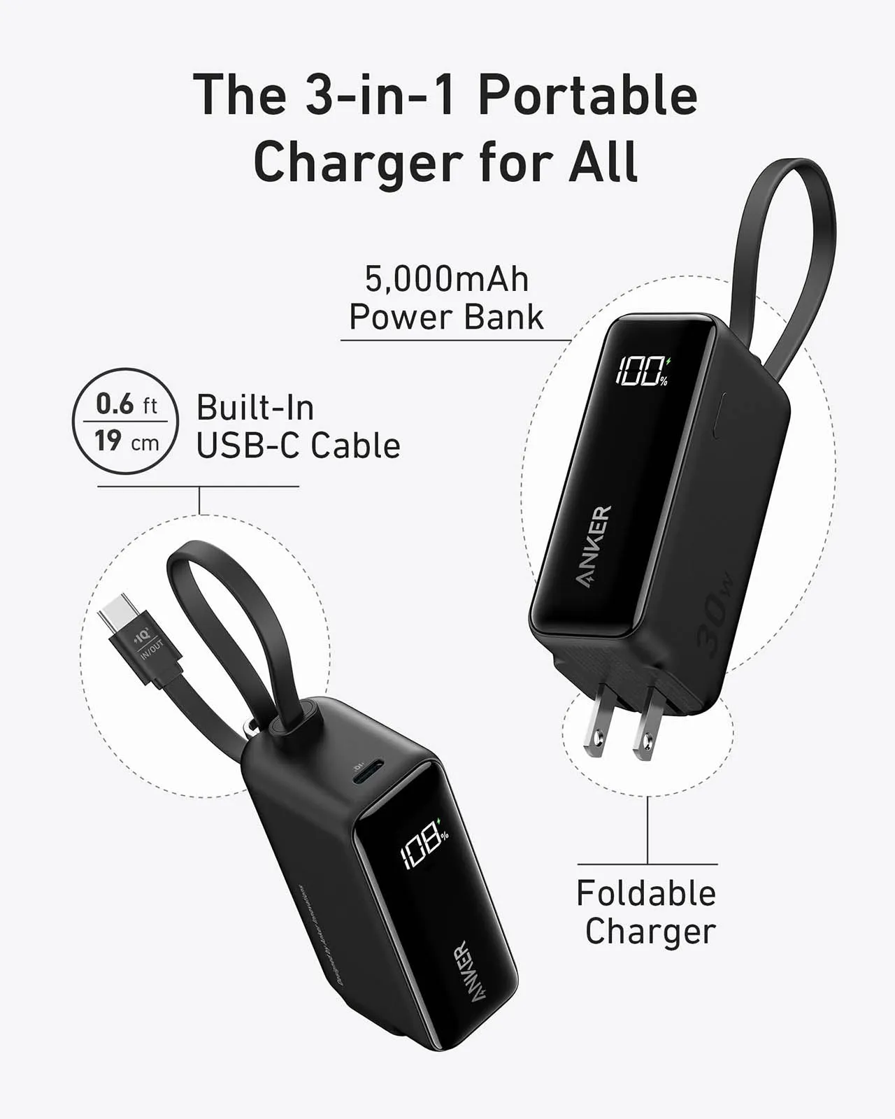 Anker 5K mAh 30W Fusion Power Bank W/ Built-In Usb-C Cable & Digital Display - Black