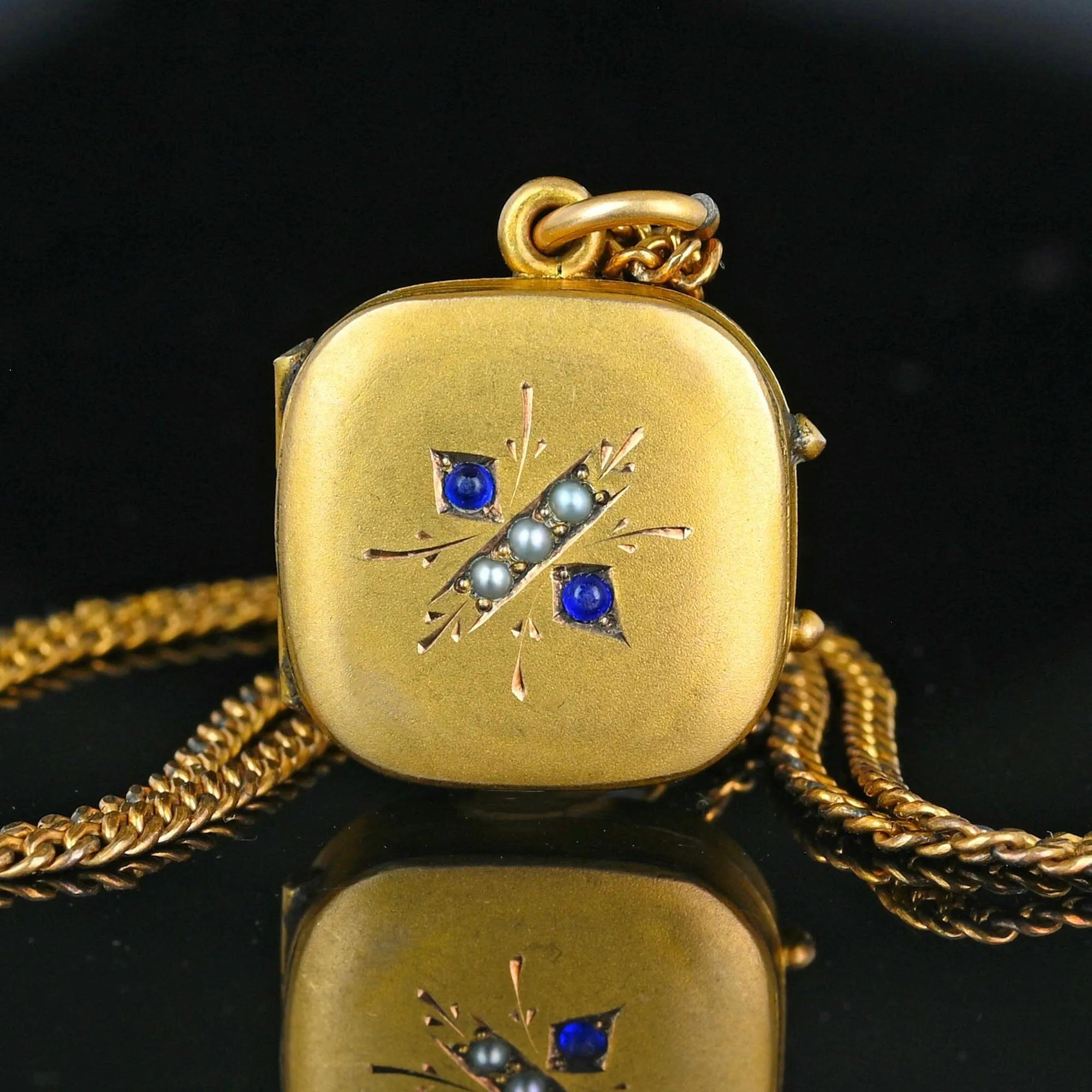 Antique Sapphire Paste Pearl Gold Filled Square Locket