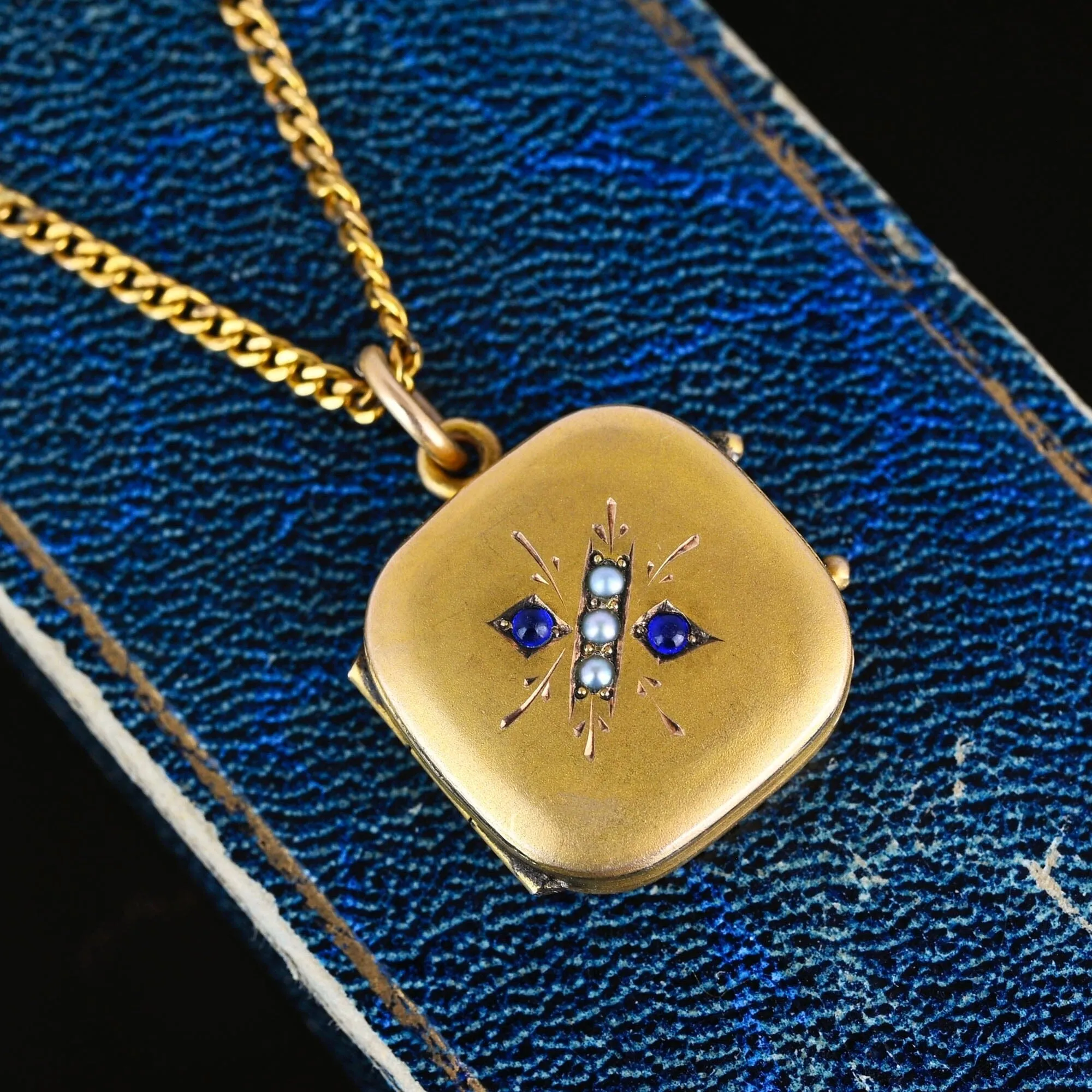 Antique Sapphire Paste Pearl Gold Filled Square Locket