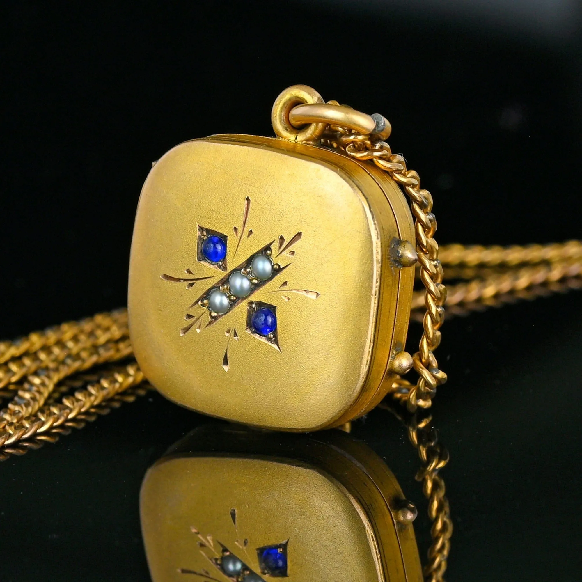 Antique Sapphire Paste Pearl Gold Filled Square Locket