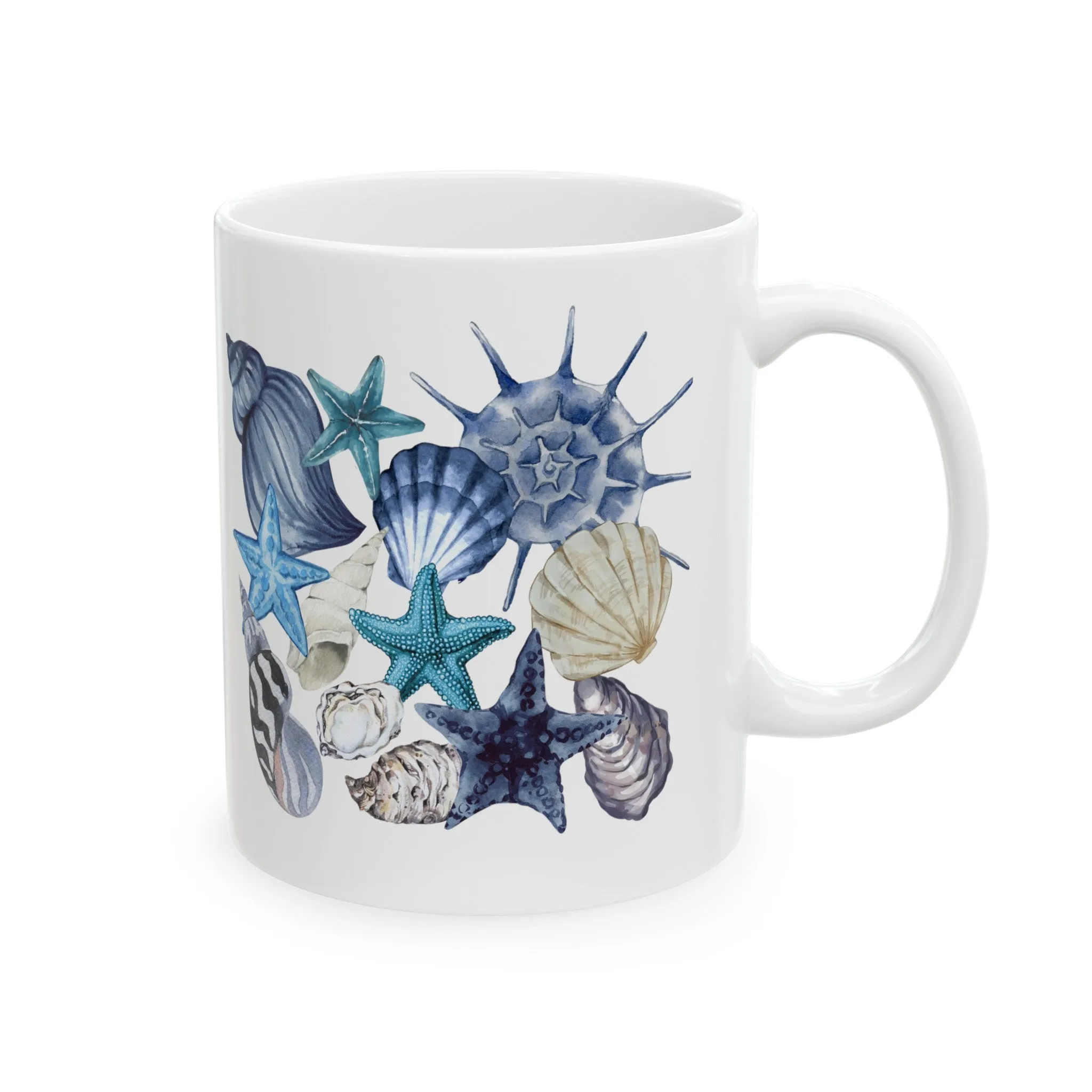 Blue Seashell and Starfish Mug - Coastal Ceramic Drinkware