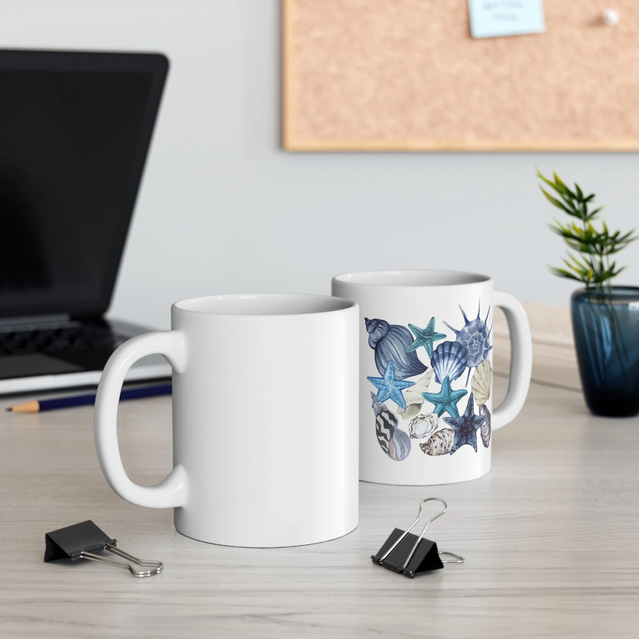 Blue Seashell and Starfish Mug - Coastal Ceramic Drinkware