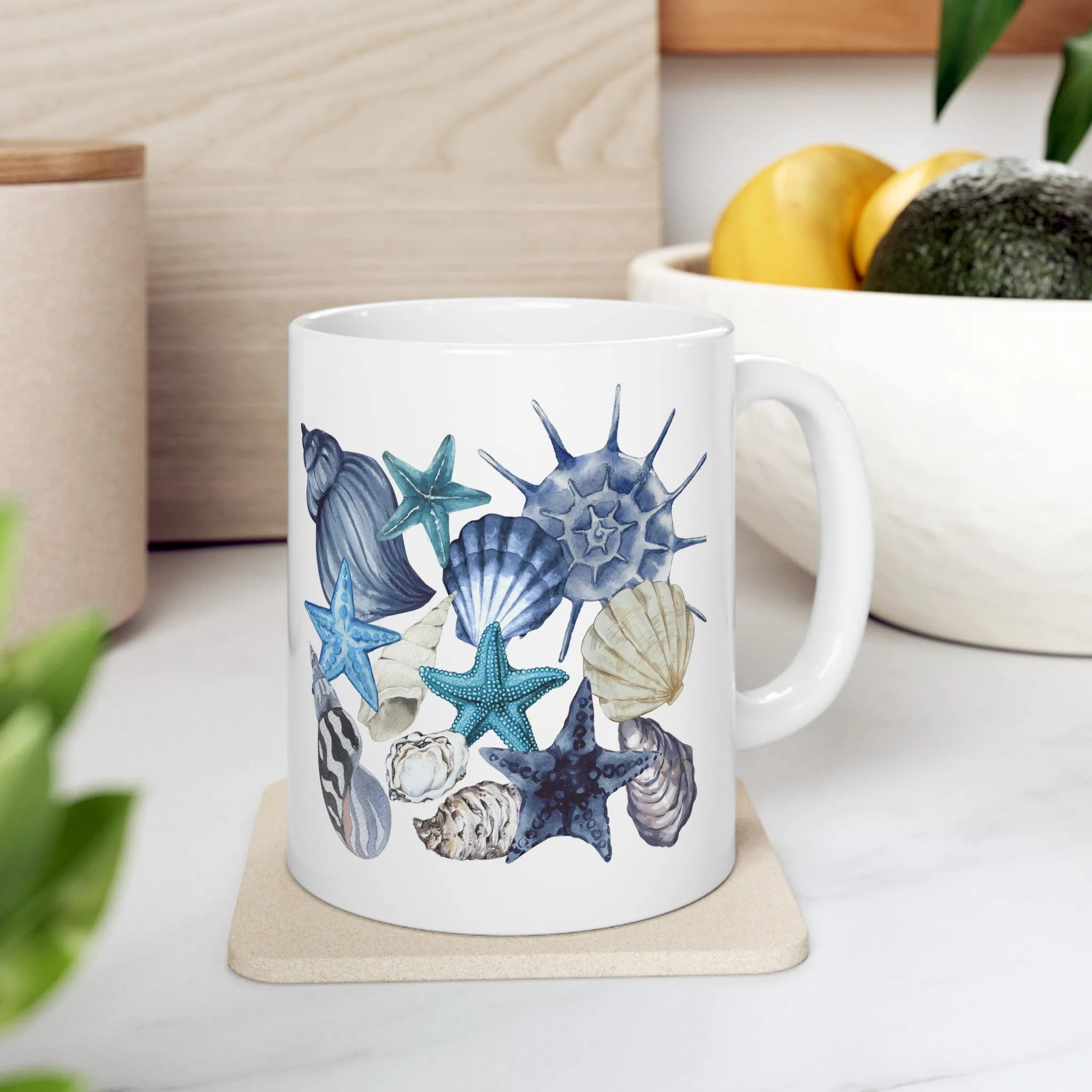 Blue Seashell and Starfish Mug - Coastal Ceramic Drinkware