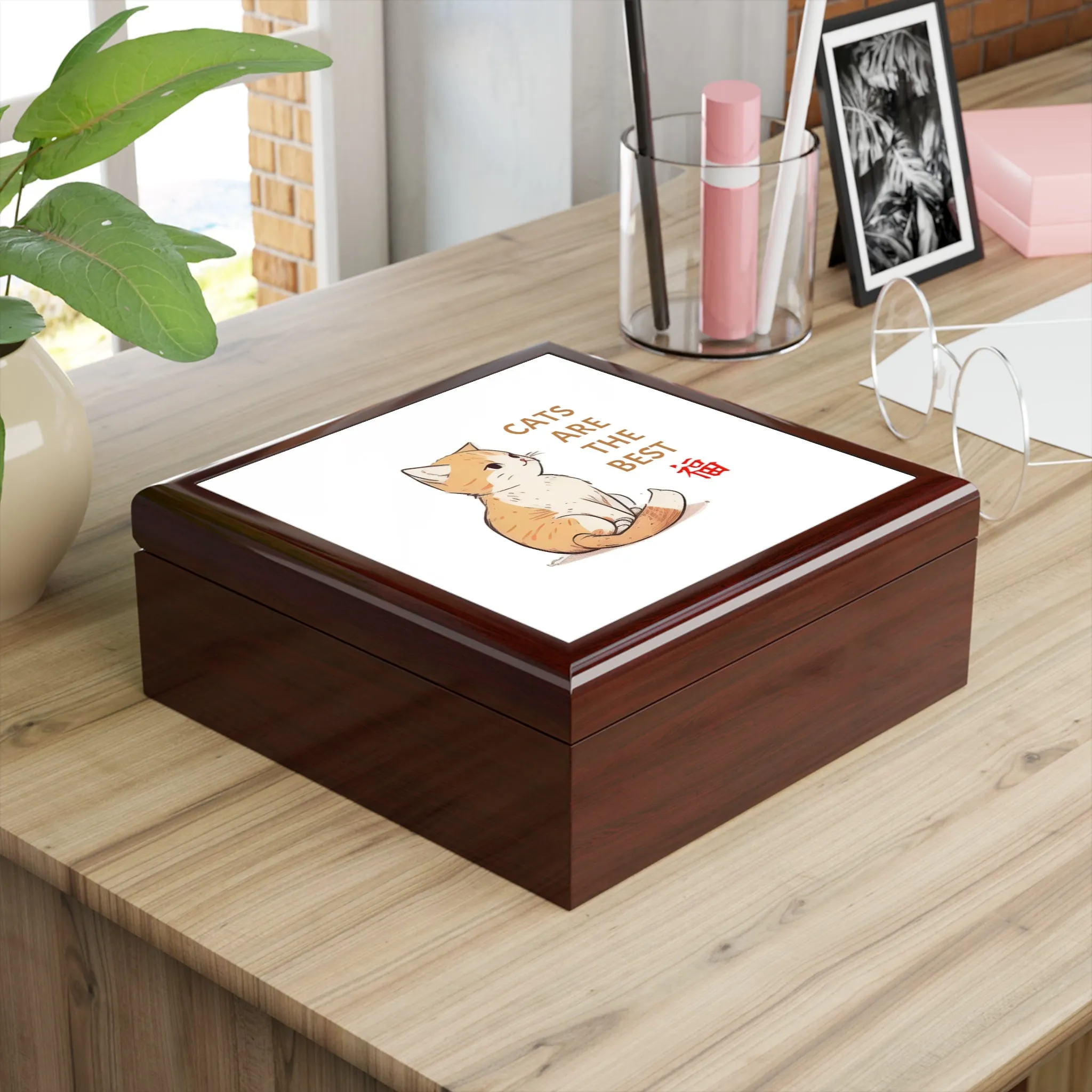 Cats are the Best Keepsake Jewelry Box with Ceramic Tile Cover Beige