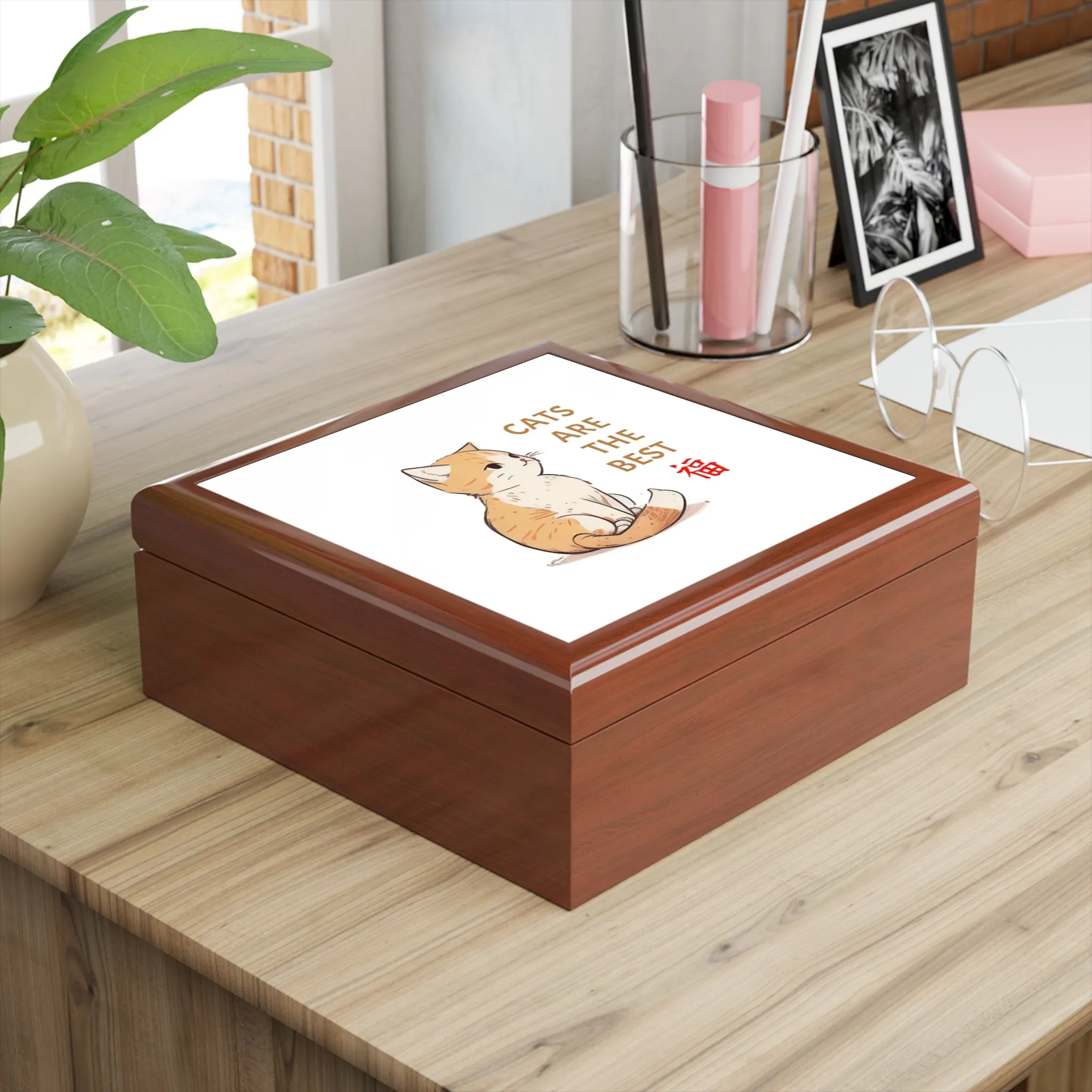 Cats are the Best Keepsake Jewelry Box with Ceramic Tile Cover Beige