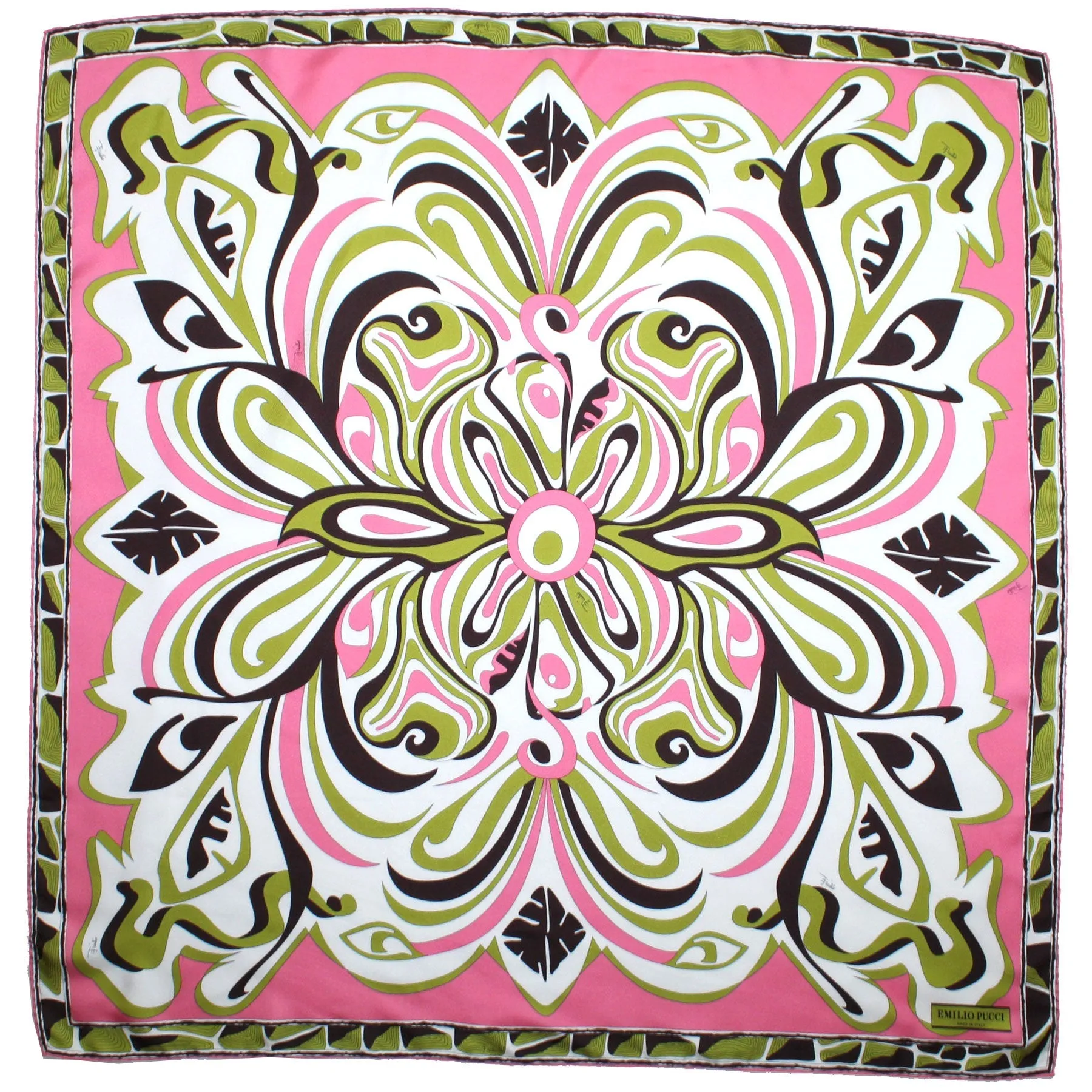 Emilio Pucci Scarf Pink Lime Black Swirl Floral - Twill Silk 36" Square Foulard