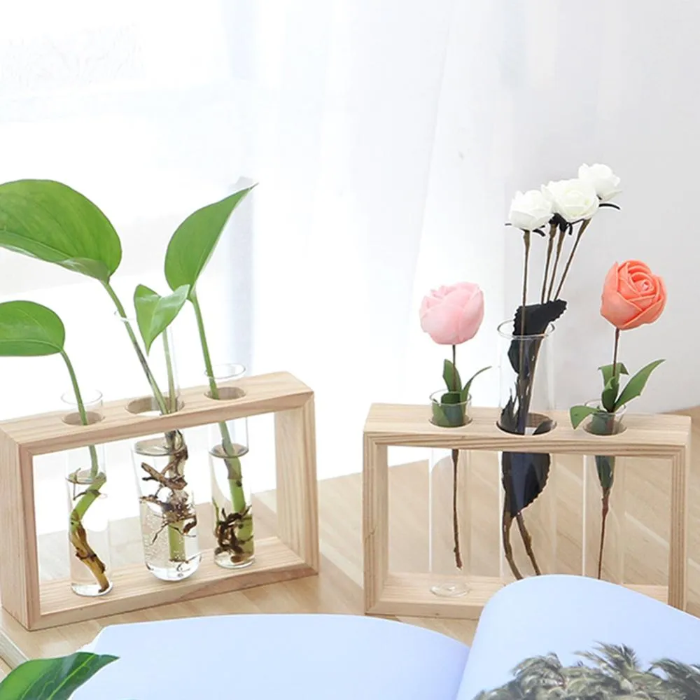 Glass and Wood Vase Planter Terrarium Table Desktop Hydroponics Plant