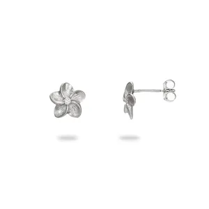 Hawaiian Heirloom Plumeria Earrings in White Gold with Diamonds - 9mm