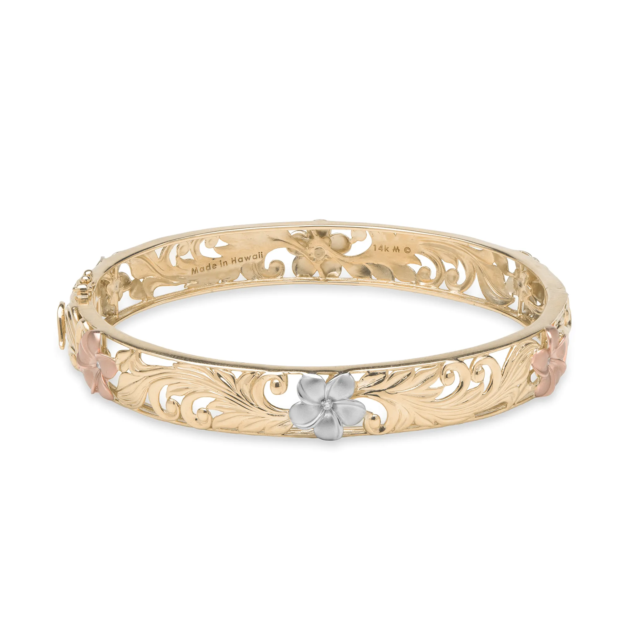 Hawaiian Heirloom Plumeria Hinge Bracelet in Tri Color Gold with Diamonds - 10mm