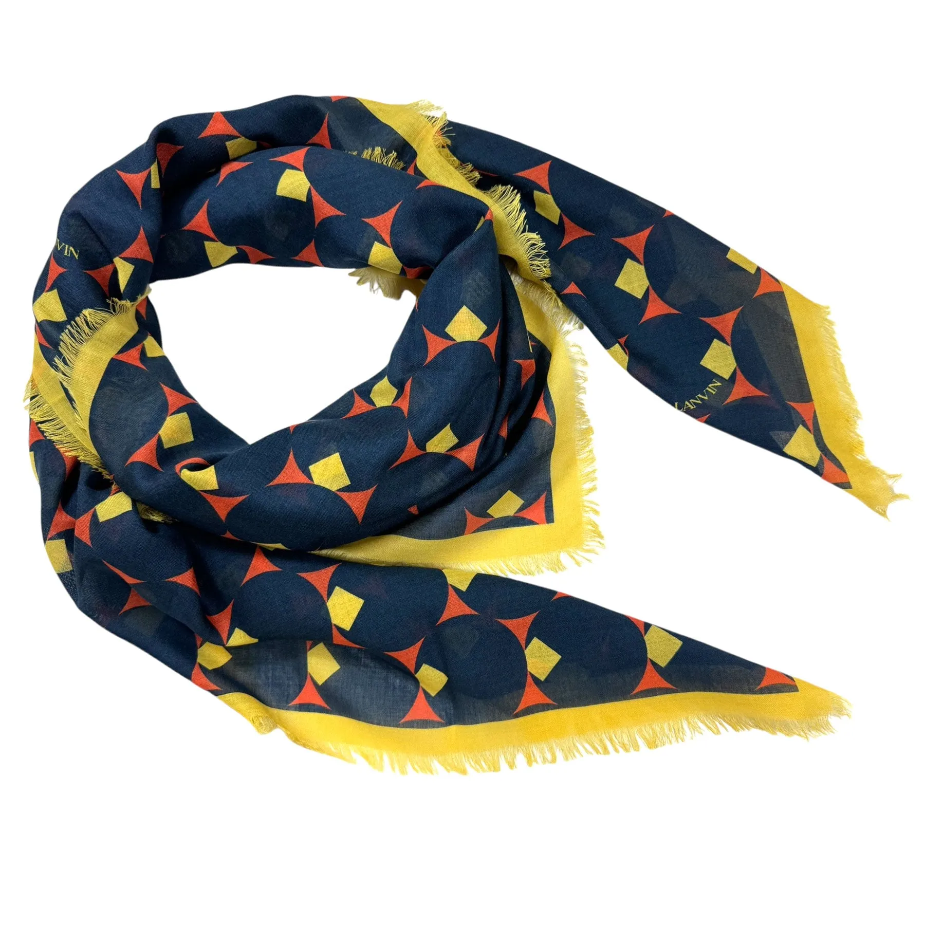 Lanvin Scarf Navy Yellow Design - Extra Large Square Wool Shawl