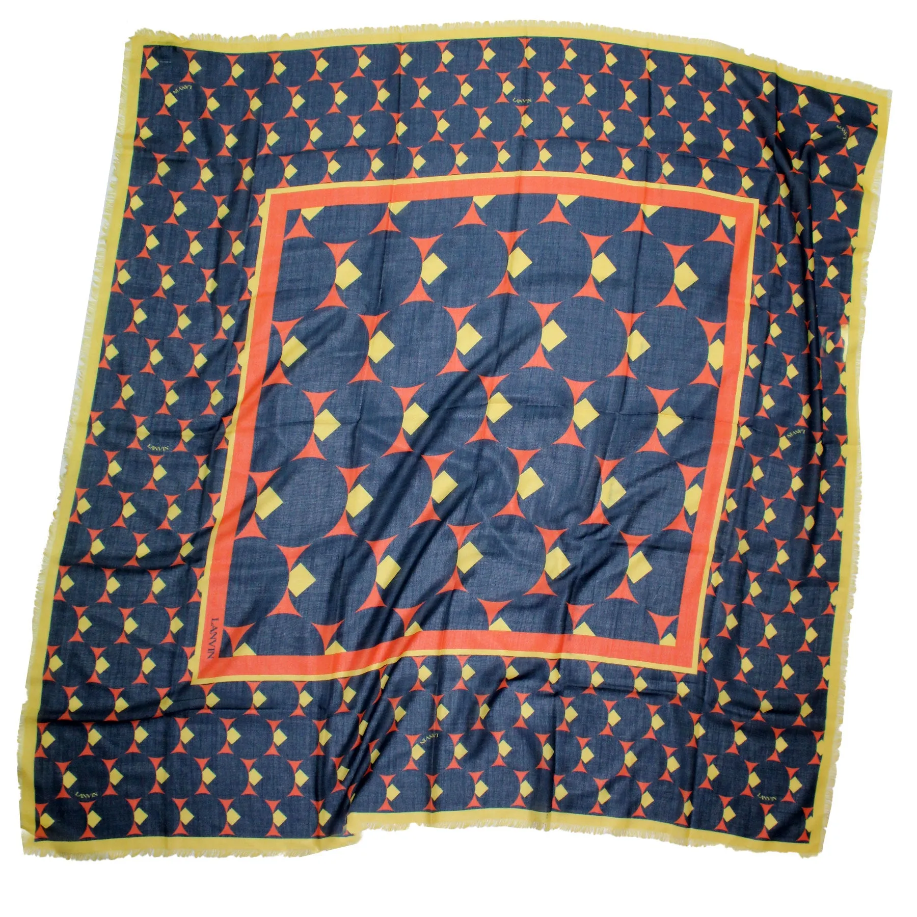 Lanvin Scarf Navy Yellow Design - Extra Large Square Wool Shawl