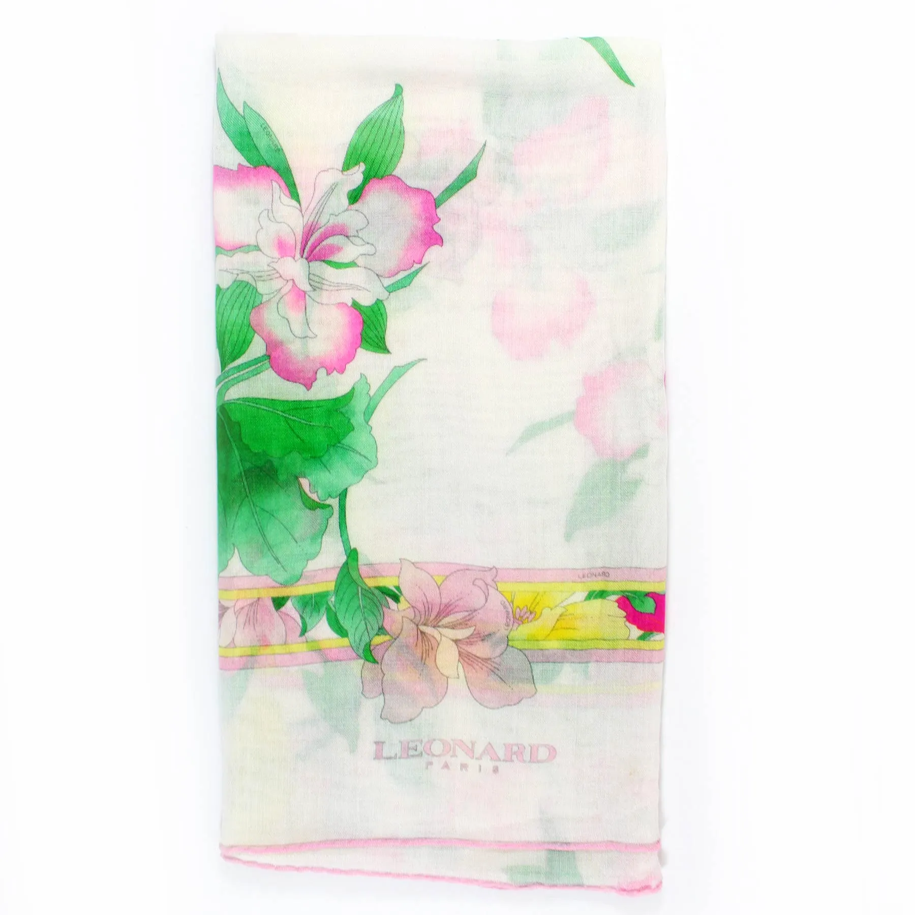 Leonard Paris Scarf White Pink Floral Design - Cashmere Silk Shawl