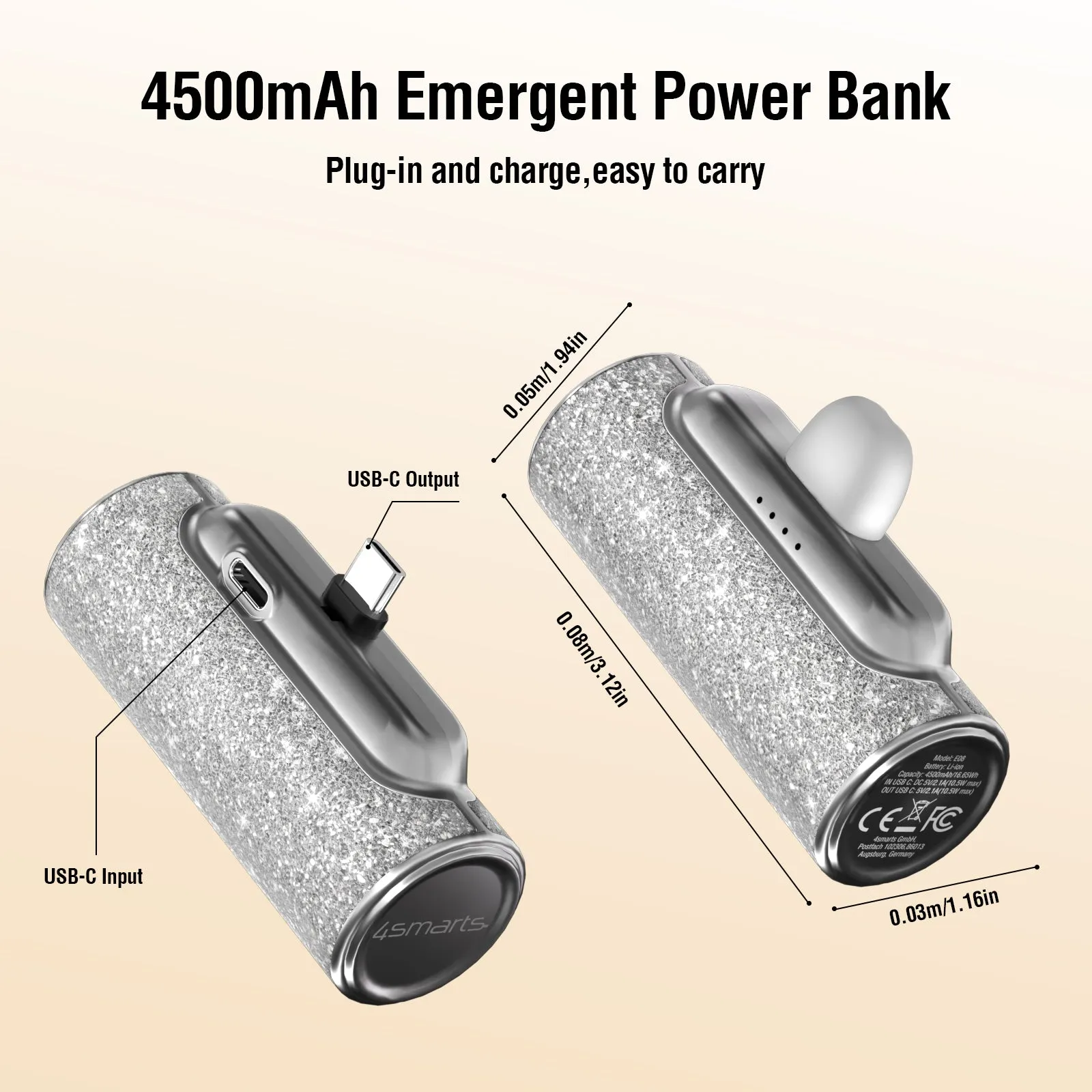 Mini Power Bank Finger Size 4500mAh USB-C Direct Plugin Black Silver Hassle-Free Charging