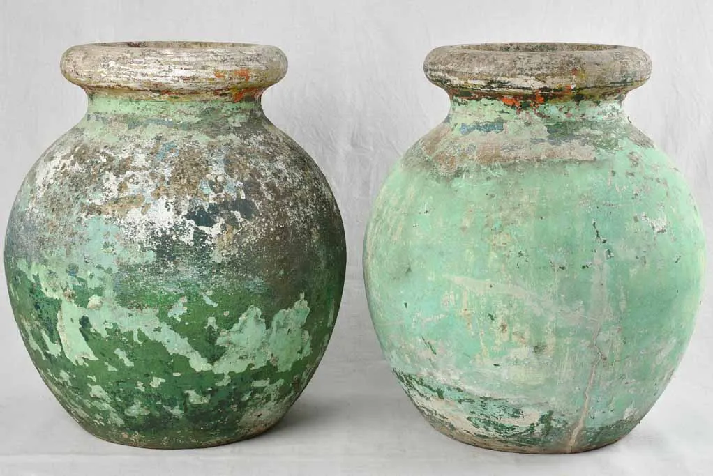 Pair of very large 'olive' Willy Guhl style pots with green patina 27½"