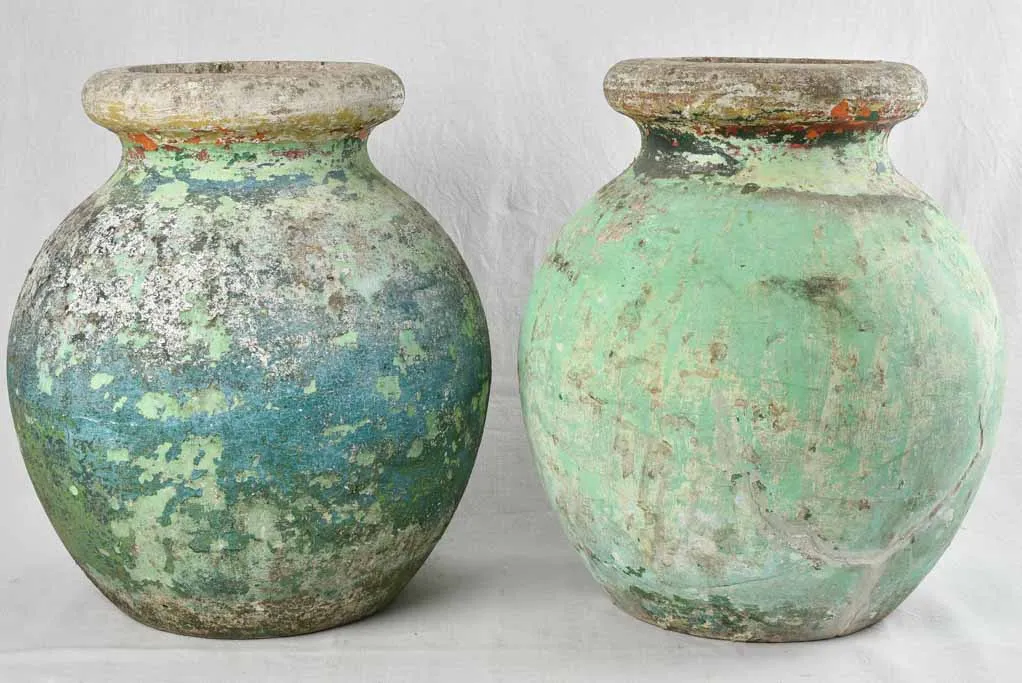 Pair of very large 'olive' Willy Guhl style pots with green patina 27½"