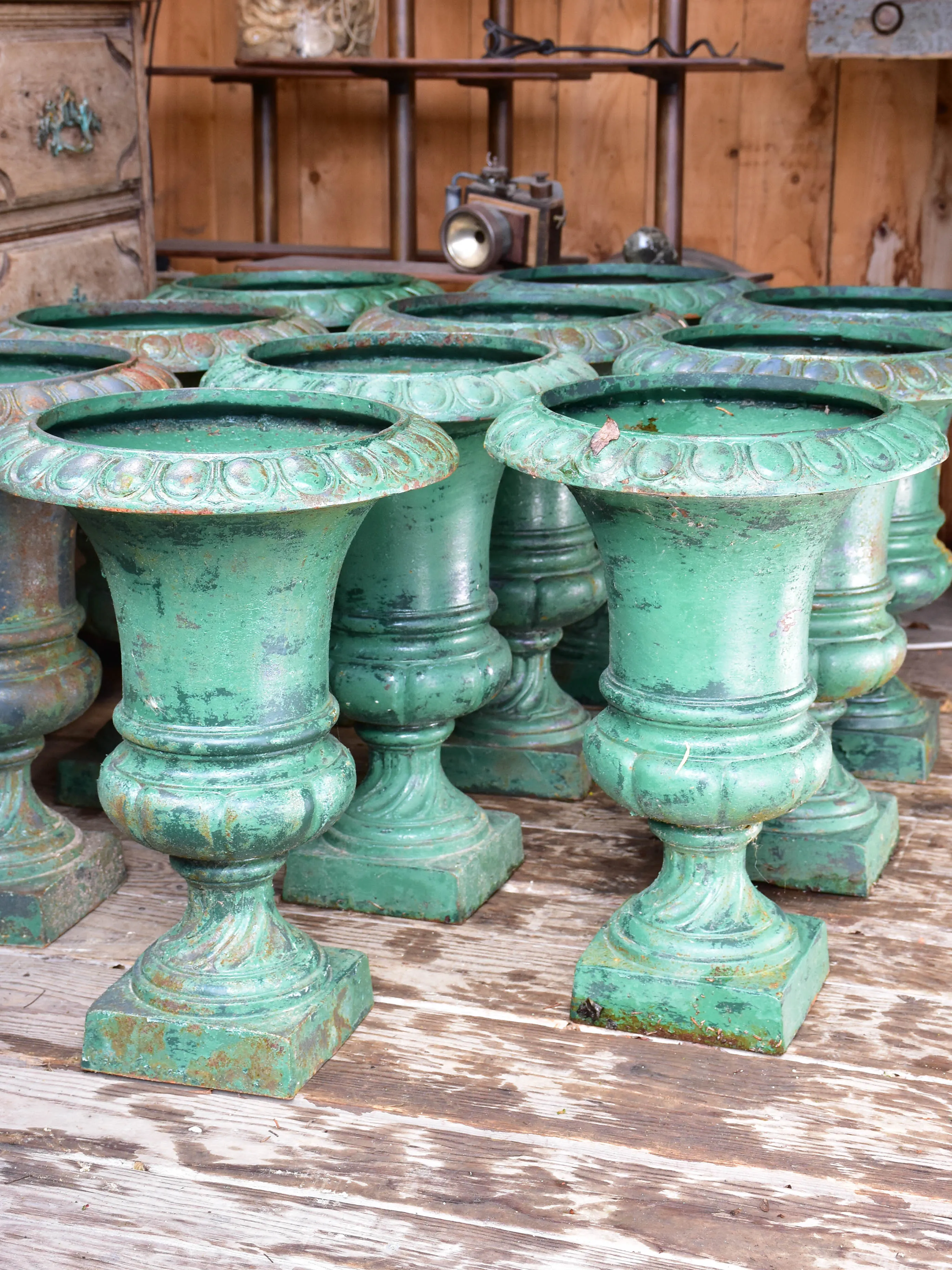 Rare collection of 4 Medici urns with green patina