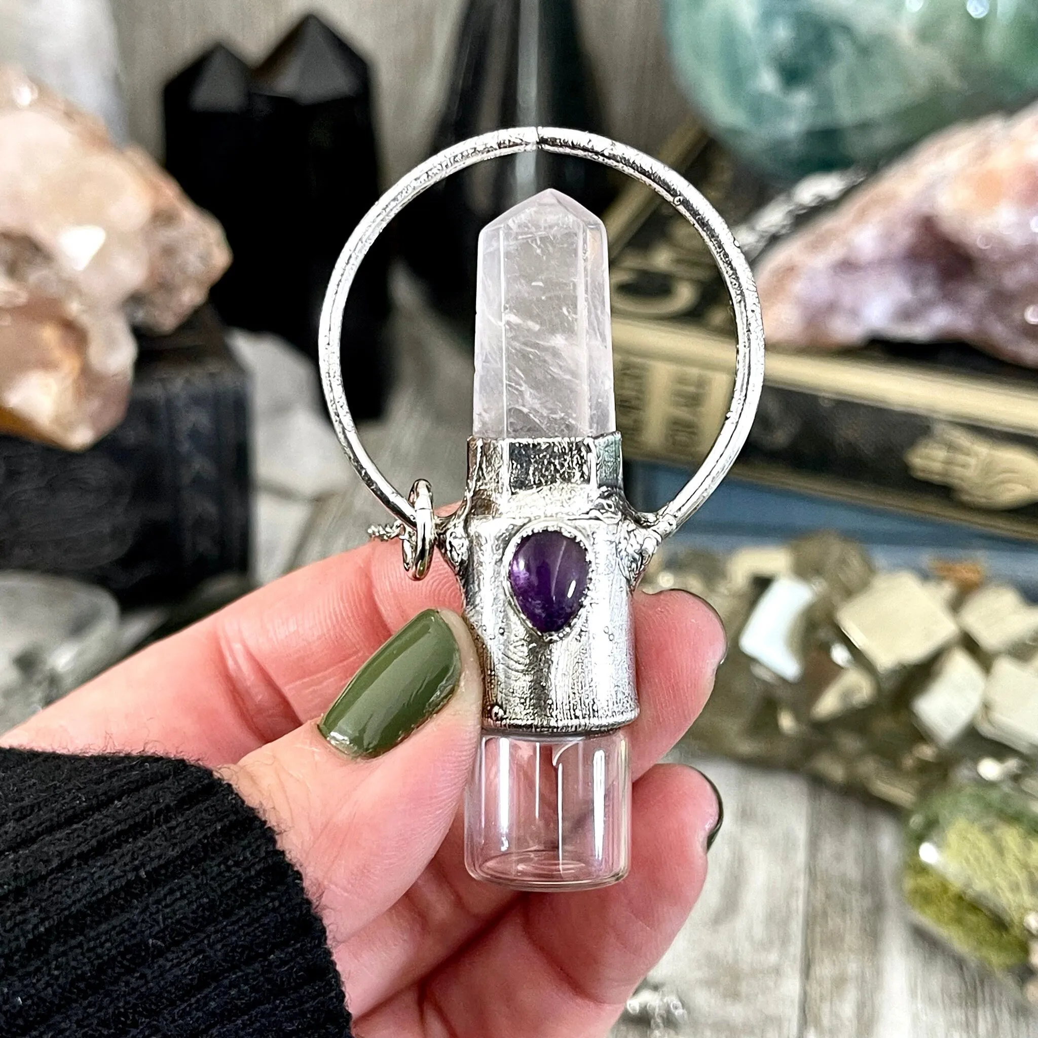 Rose Quartz and Amethyst Crystal Necklace / Silver Crystal Rollerball Necklace