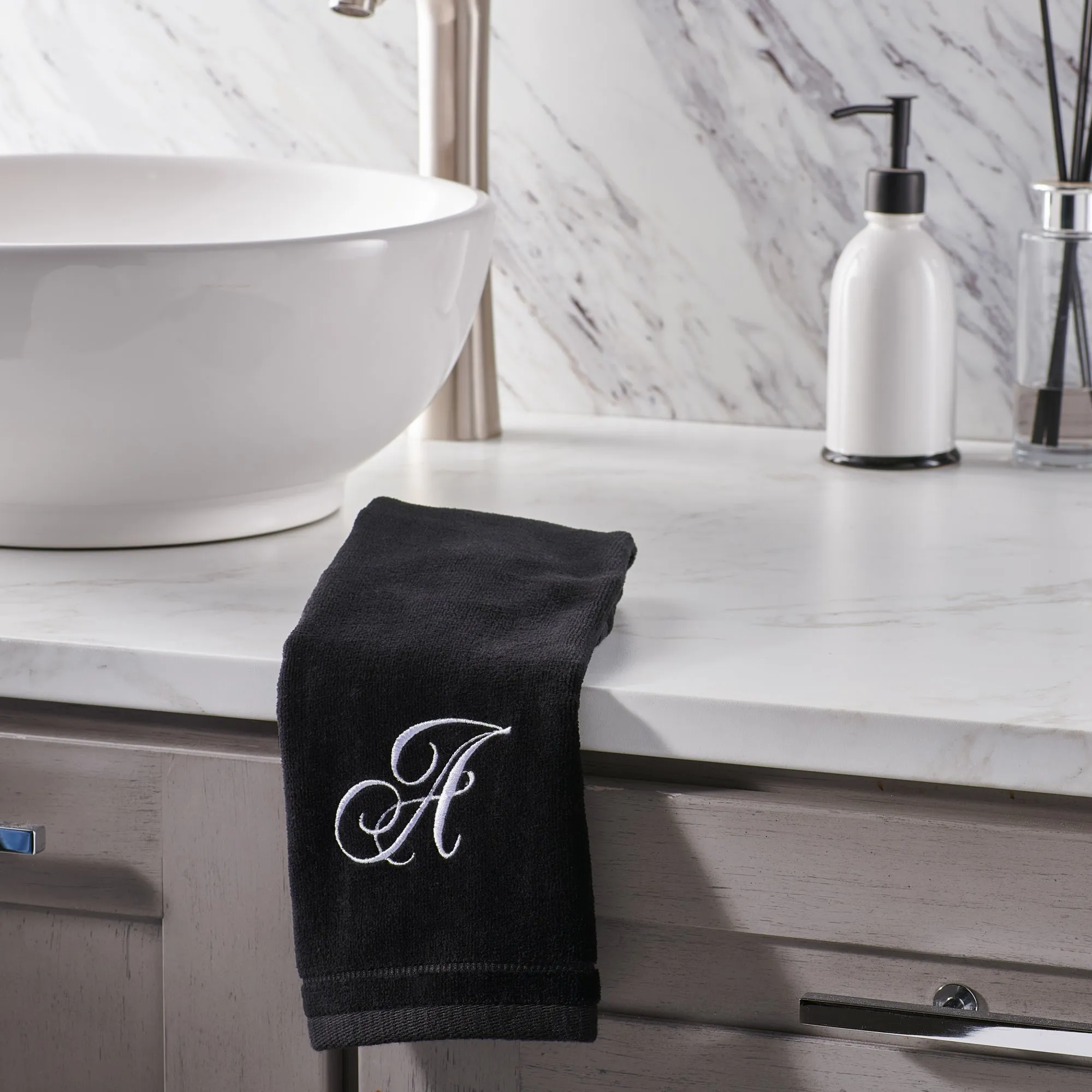 Set of 2 Black Monogrammed Towel - White Embroidered - Initial B (Wholesale)