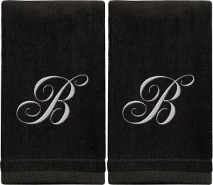 Set of 2 Black Monogrammed Towel - White Embroidered - Initial B (Wholesale)