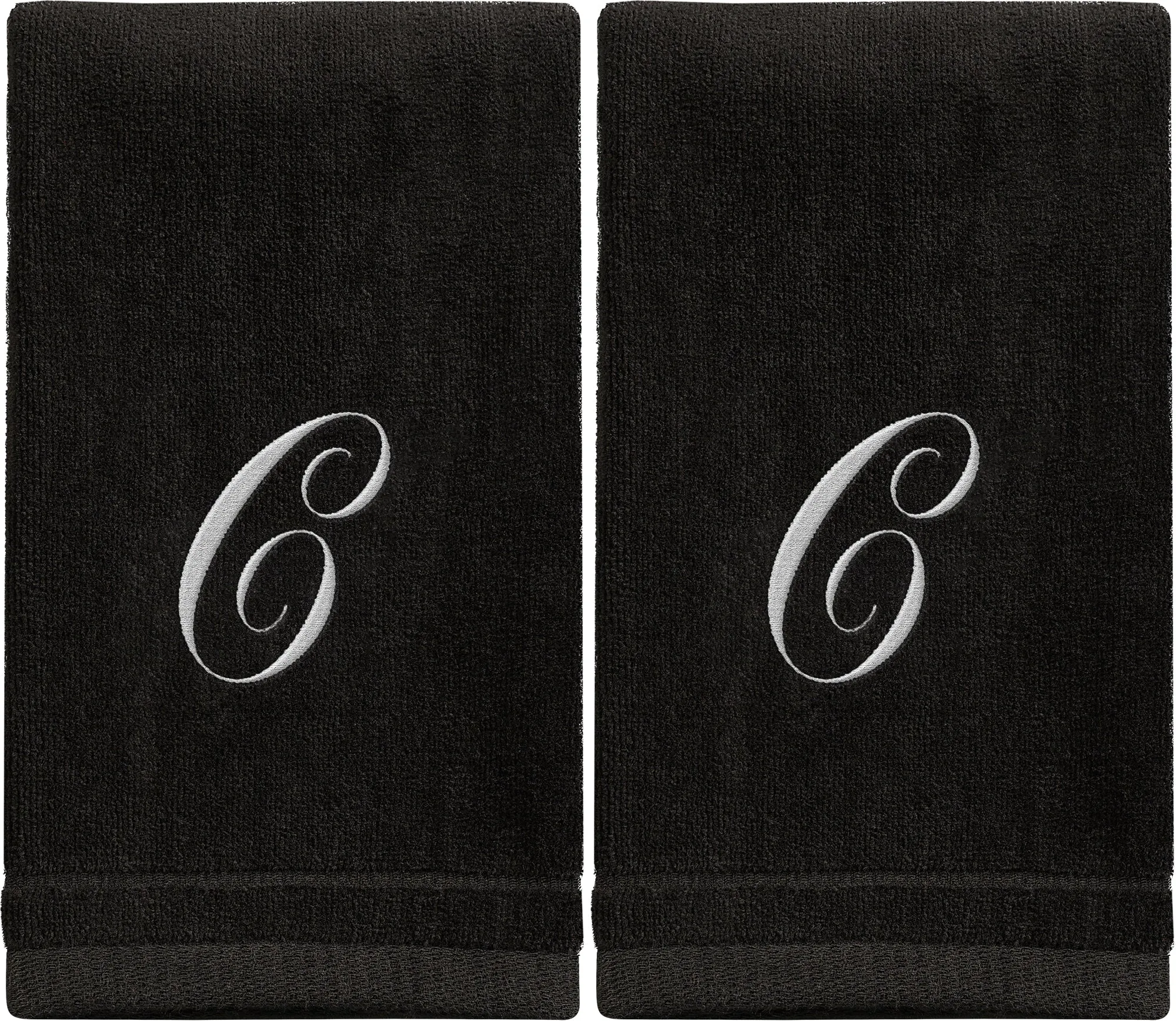 Set of 2 Black Monogrammed Towel - White Embroidered - Initial C (Wholesale)