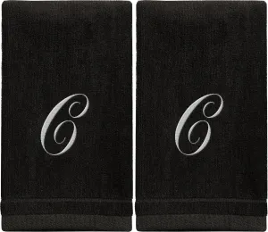 Set of 2 Black Monogrammed Towel - White Embroidered - Initial C (Wholesale)