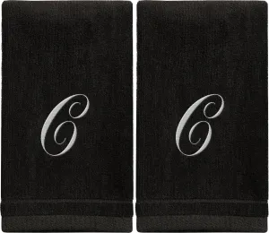 Set of 2 Black Monogrammed Towel - White Embroidered - Initial C