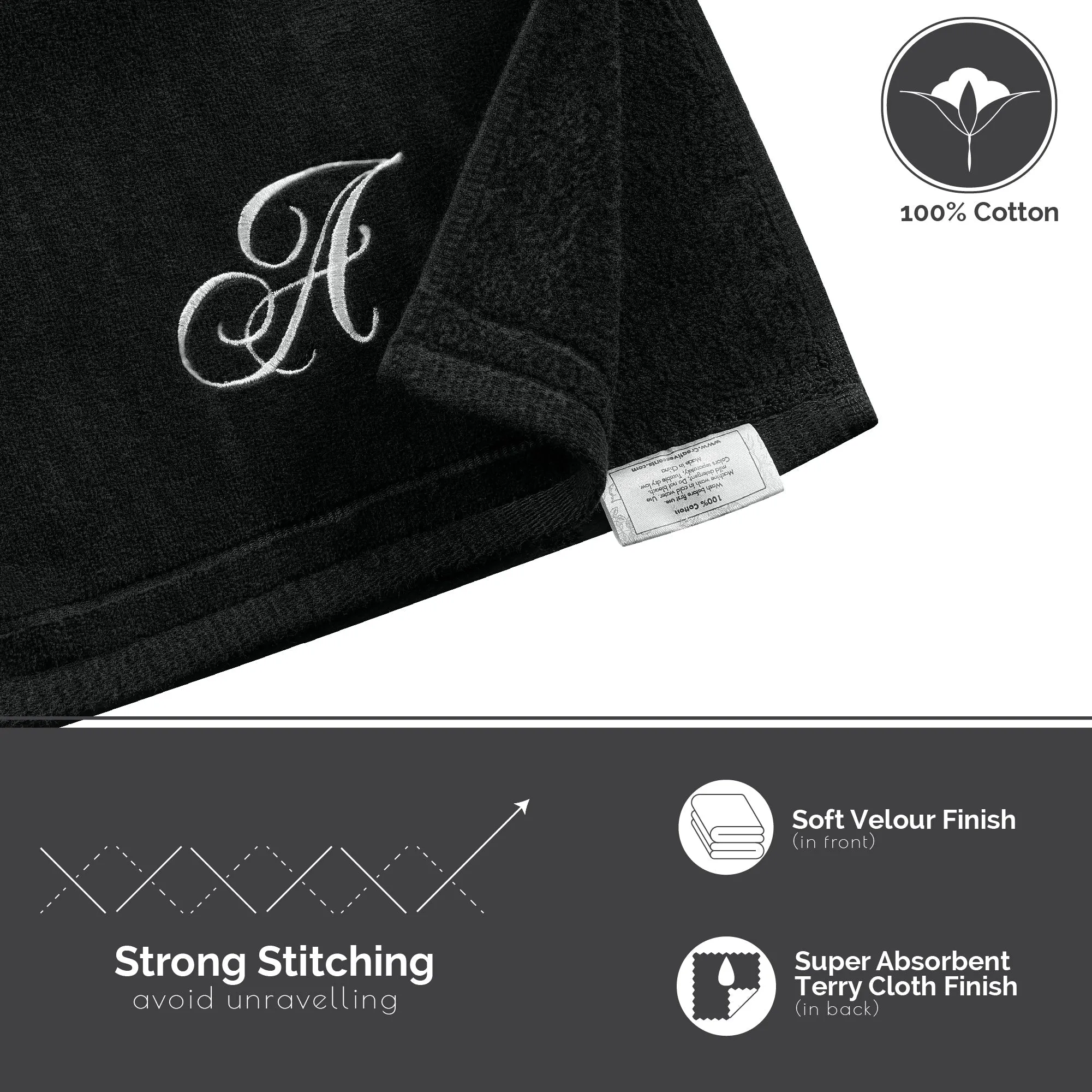 Set of 2 Black Monogrammed Towel - White Embroidered - Initial C