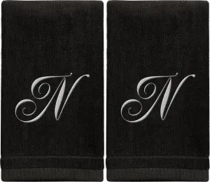 Set of 2 Black Monogrammed Towel - White Embroidered - Initial N (Wholesale)