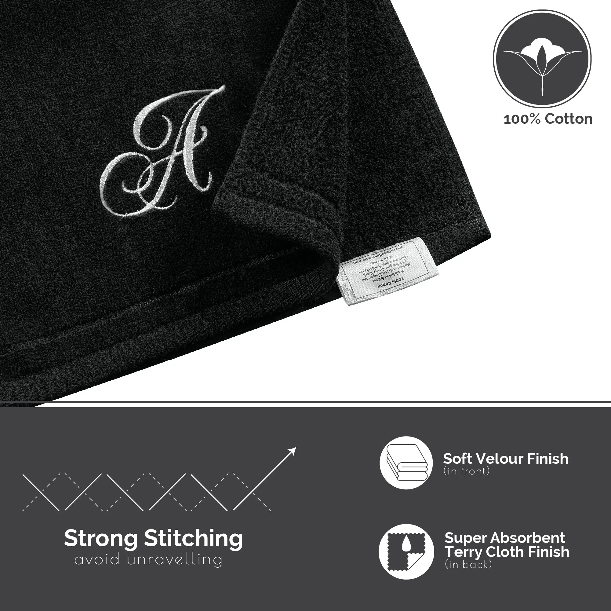 Set of 2 Black Monogrammed Towel - White Embroidered - Initial N (Wholesale)