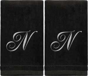 Set of 2 Black Monogrammed Towel - White Embroidered - Initial N