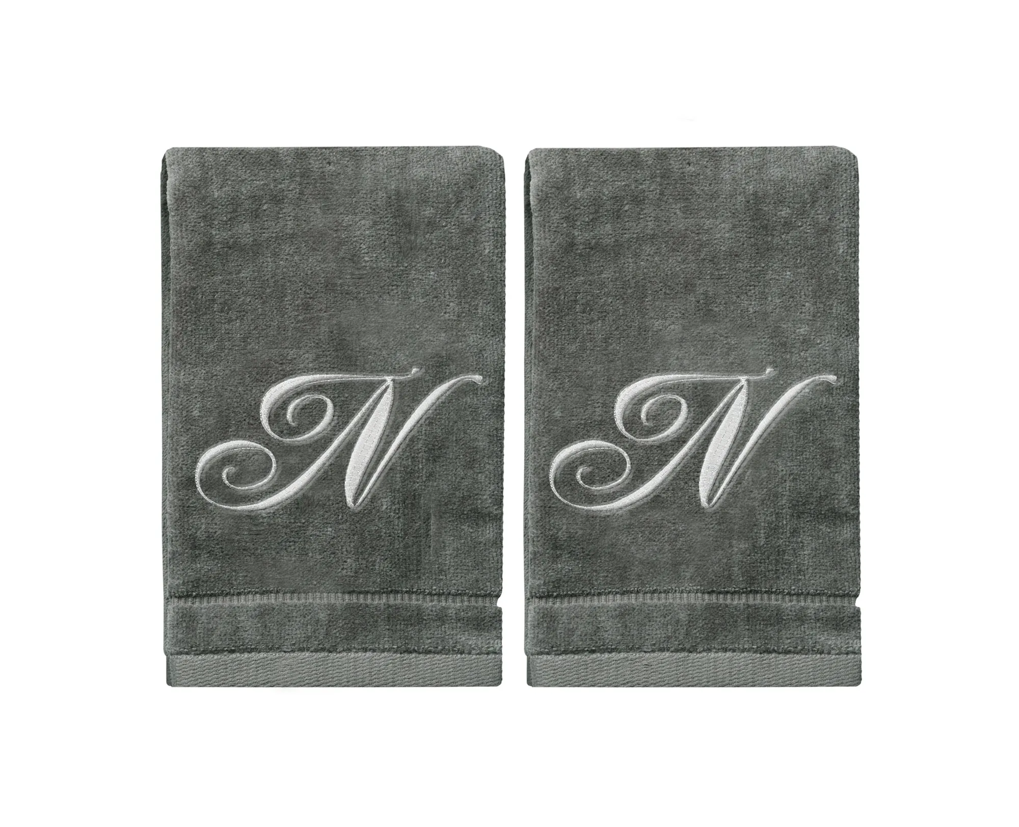 Set of 2 Silver Embroidered Monogrammed Towels - Initial N