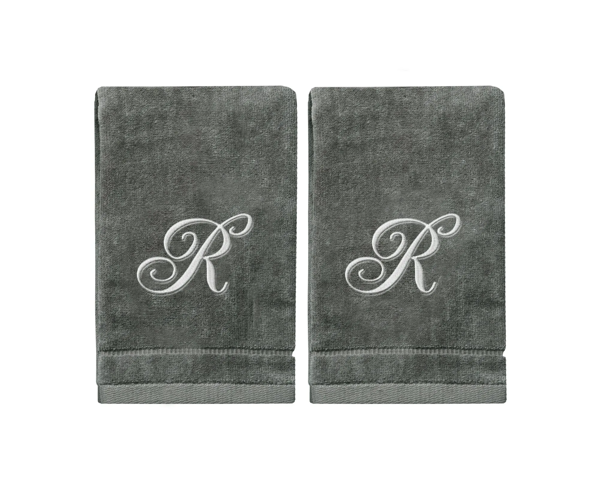 Set of 2 Silver Embroidered Monogrammed Towels - Initial R (Wholesale)