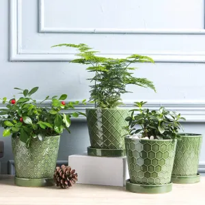 Set of Four (4) Different Majolica Glaze Green Ceramic Flower Pot Planters & Saucers