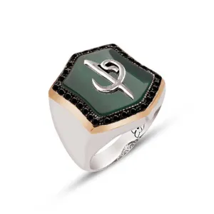 Silver Special Facet Cut Green Agate Stone Top Alif Vav Themed Black Zircon Stone Engraved Ring