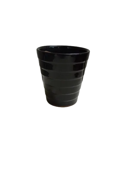 Small Black Round Ceramic Plant Pot with Striped Design - Premium Quality with Drainage Hole and Bottom Tray