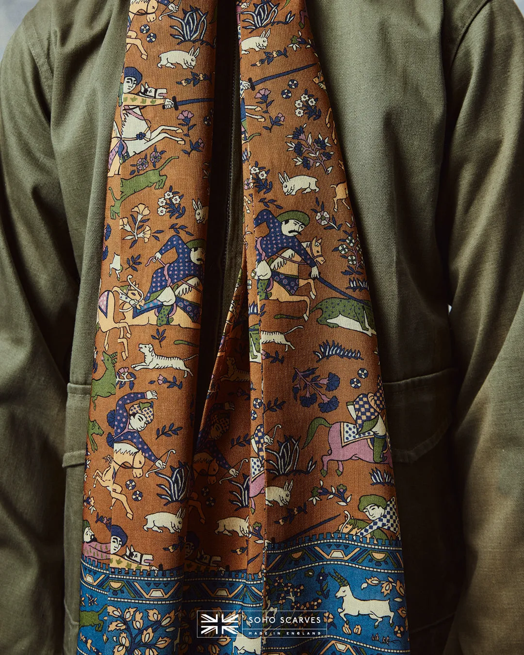 UK Wool and Silk Scarf - Hunters in Dull Gold