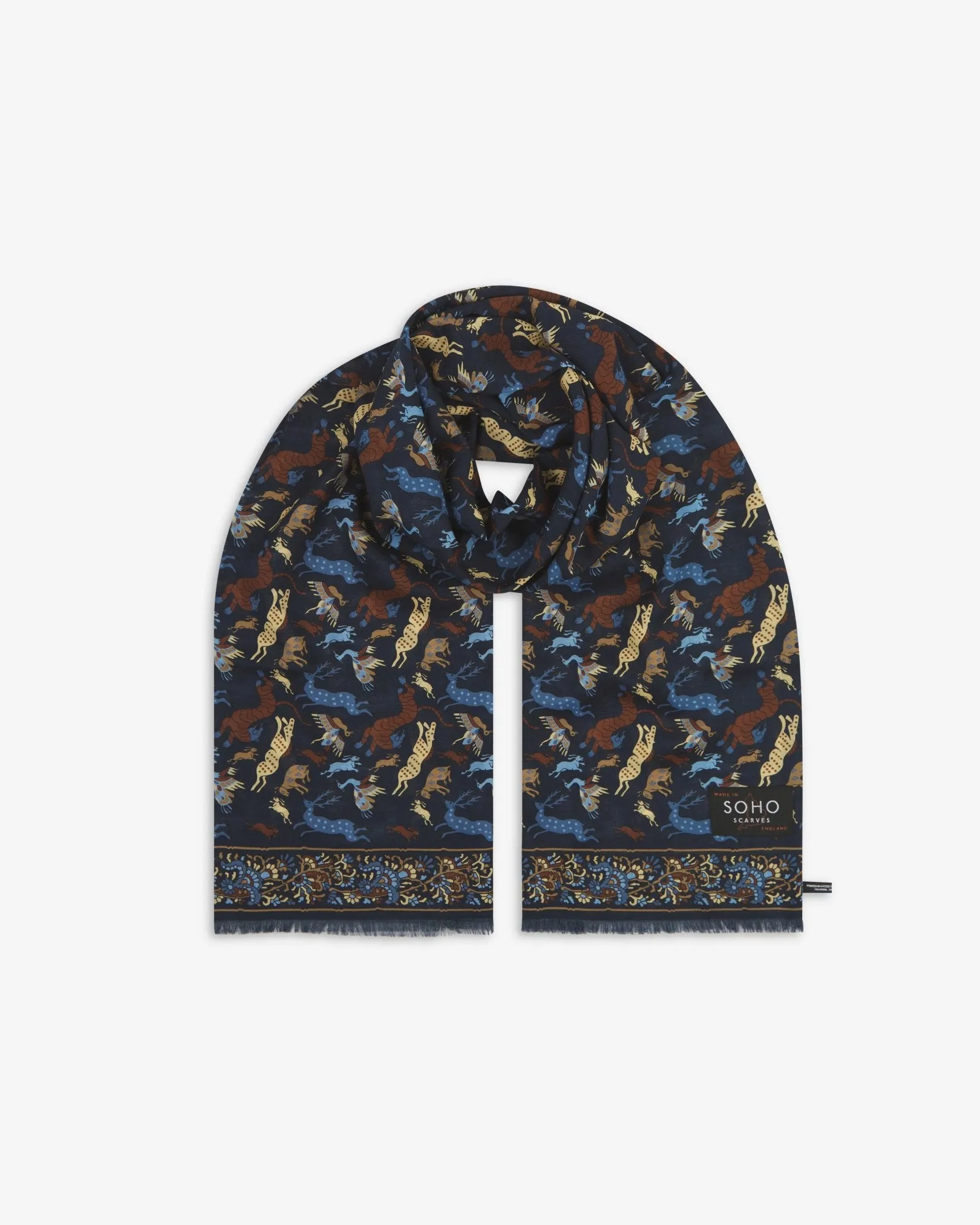 UK Wool and Silk Scarf - Woodland Creatures in Airforce Blue