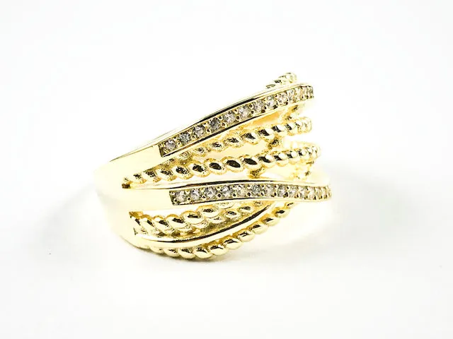 Unique Layered Twist & Cross Pattern Gold Tone CZ Silver Ring