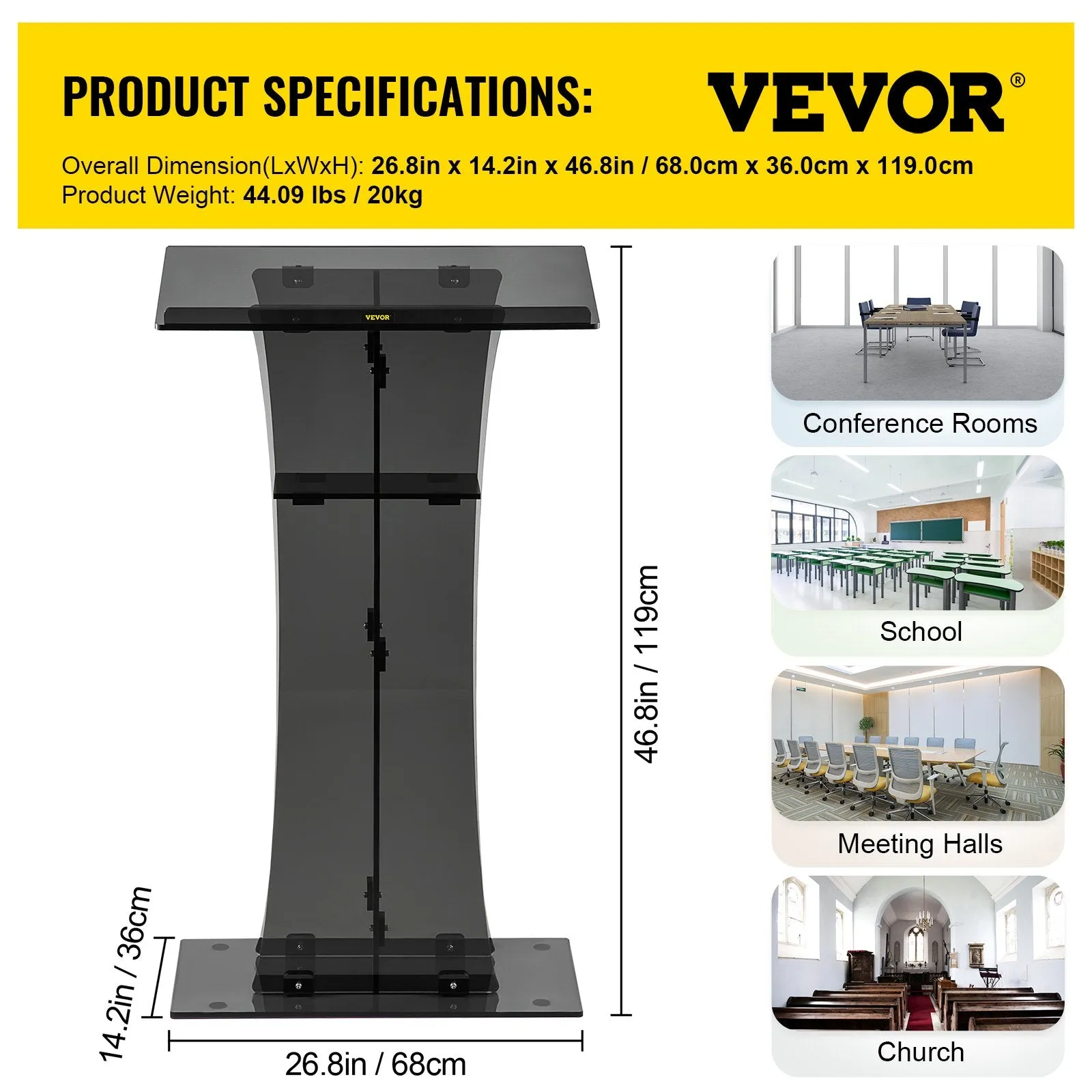 Vevor Acrylic Pulpit 47" Clear Podium Stand with Wide Reading Surface and Storage Shelf New