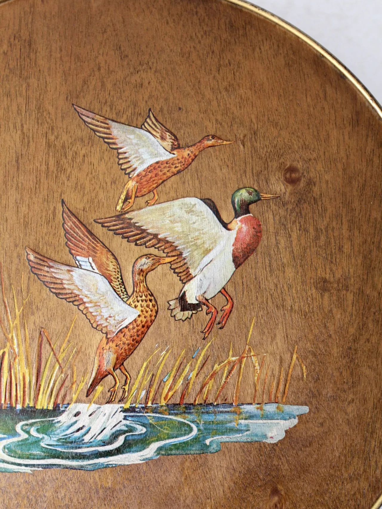 vintage 70s hand painted ducks wood veneer tin