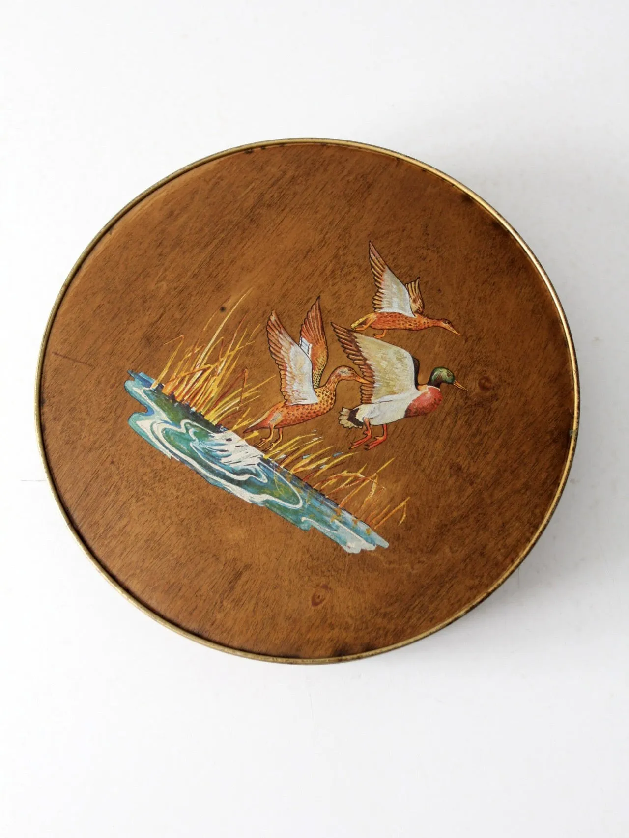 vintage 70s hand painted ducks wood veneer tin