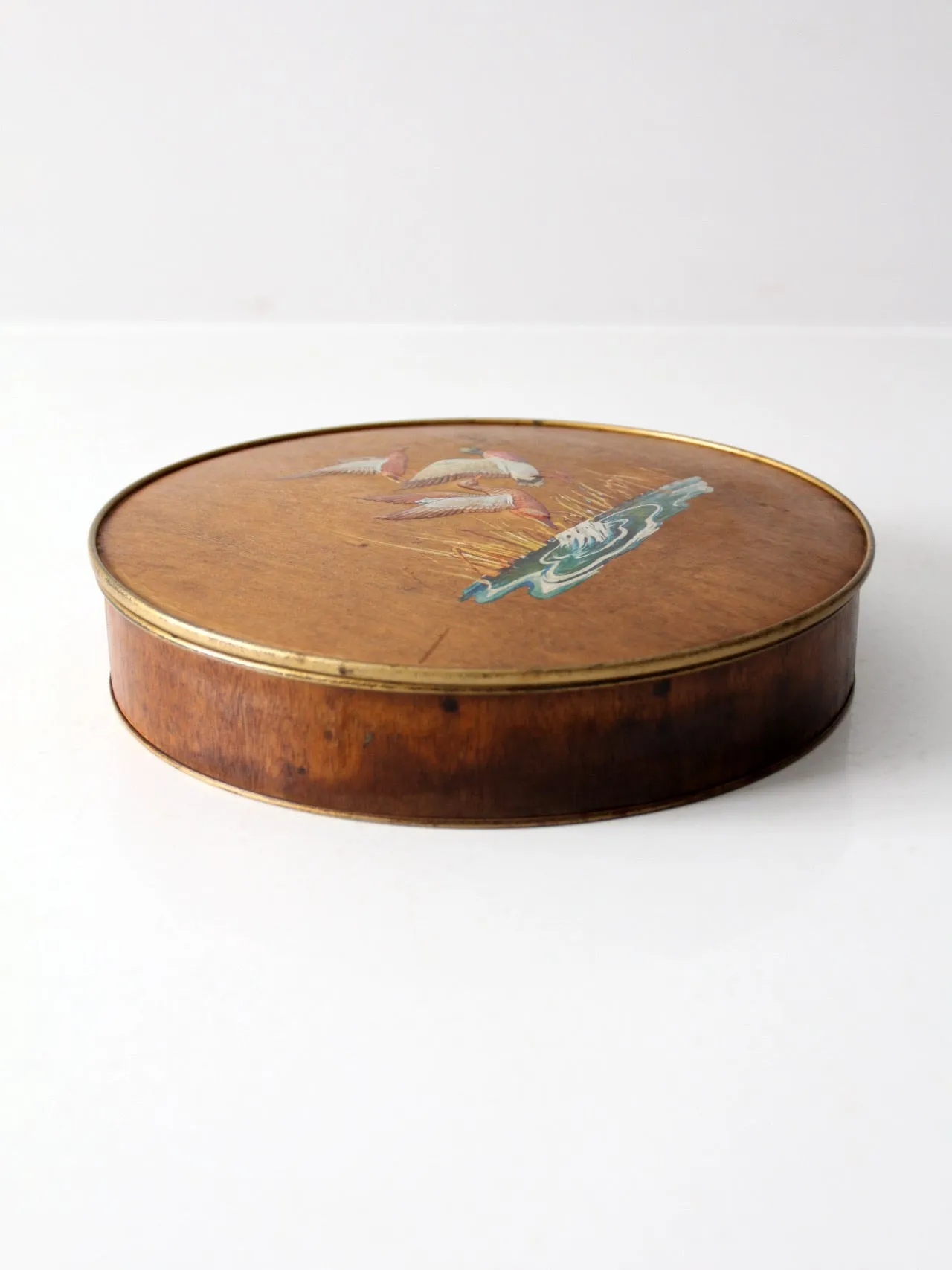 vintage 70s hand painted ducks wood veneer tin