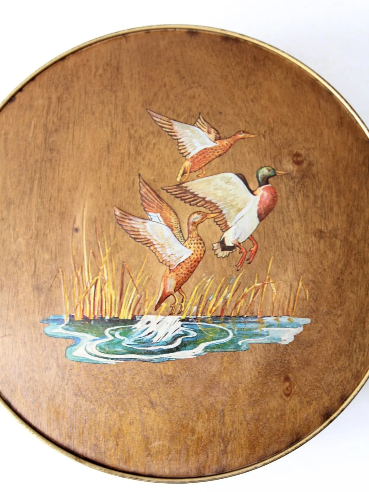 vintage 70s hand painted ducks wood veneer tin