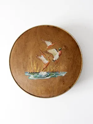 vintage 70s hand painted ducks wood veneer tin