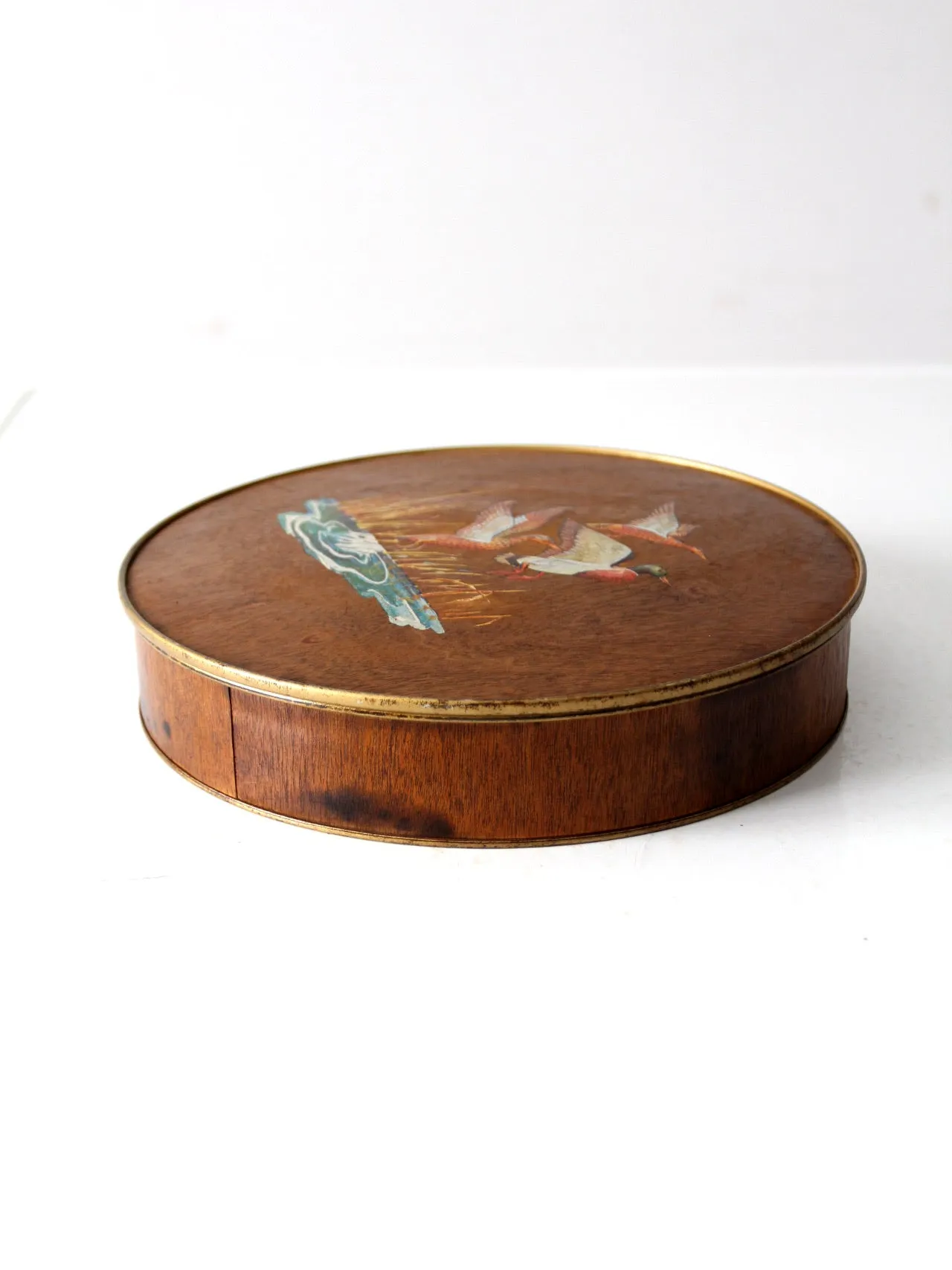 vintage 70s hand painted ducks wood veneer tin